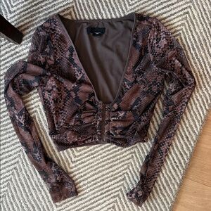 Brown Snake-Print Long Sleeve V-Neck Crop Top